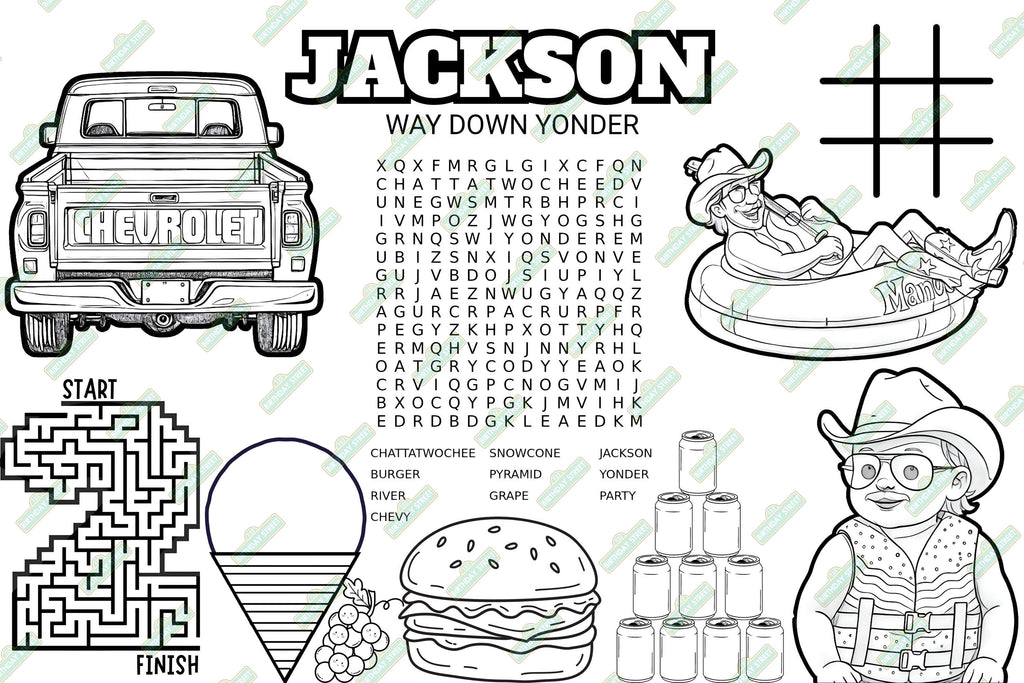 Custom CHATTATWOCHEE Activity Placemats - Color, Maze, Word Search - 2nd Birthday -Up to 10 Names - Digital File