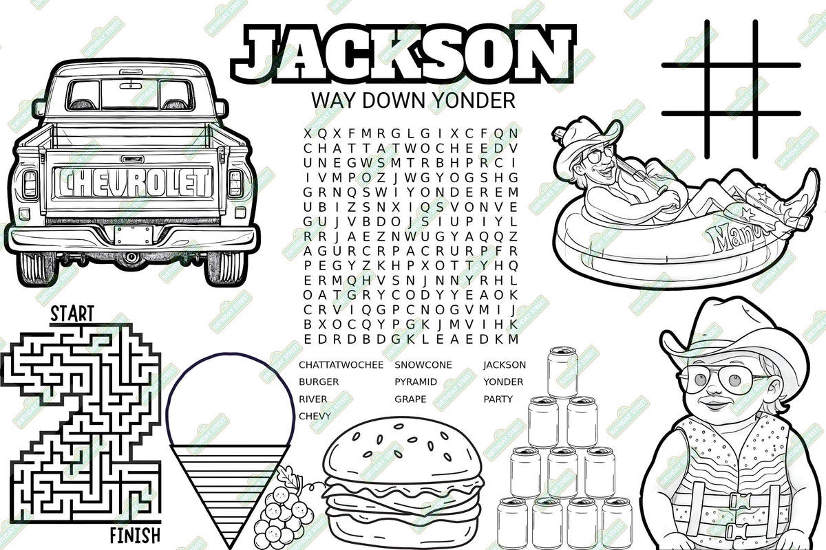 Custom CHATTATWOCHEE Activity Placemats - Color, Maze, Word Search - 2nd Birthday -Up to 10 Names - Digital File