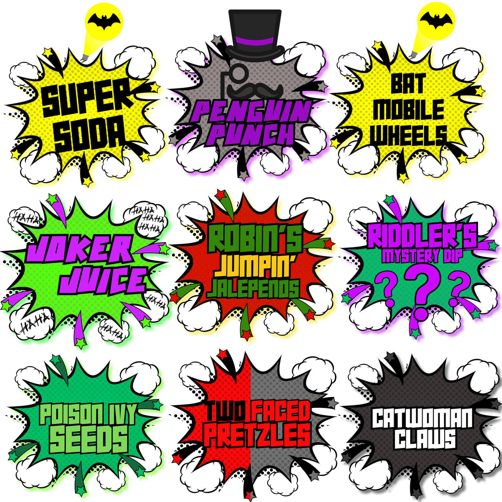 Superhero Birthday Food and Beverage Signs - Superhero Consession Signs - Superhero Birthday Signs - Digital - Printable