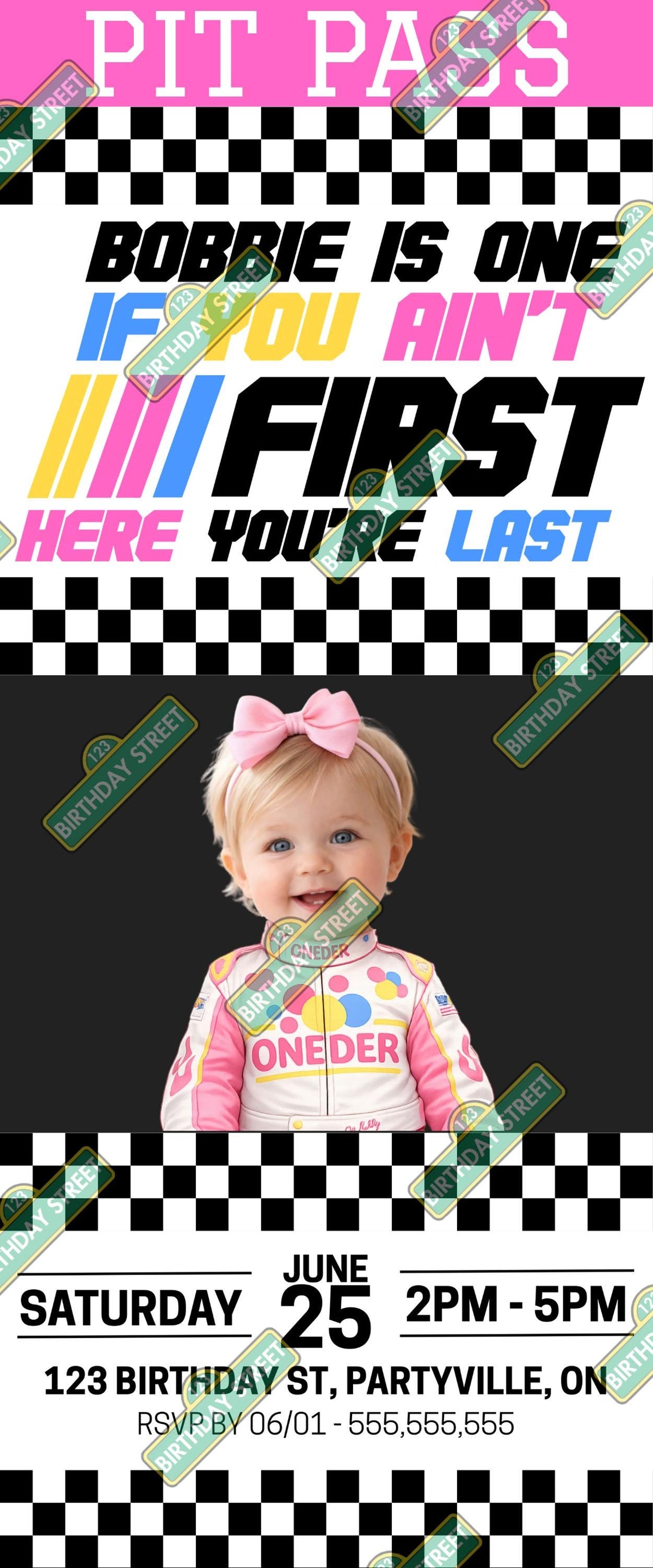 If You Ain't First Your Last Custom Girl Birthday Invite - Pit Pass - First Birthday Invitation - 1st Birthday Invite - Digital - Printable
