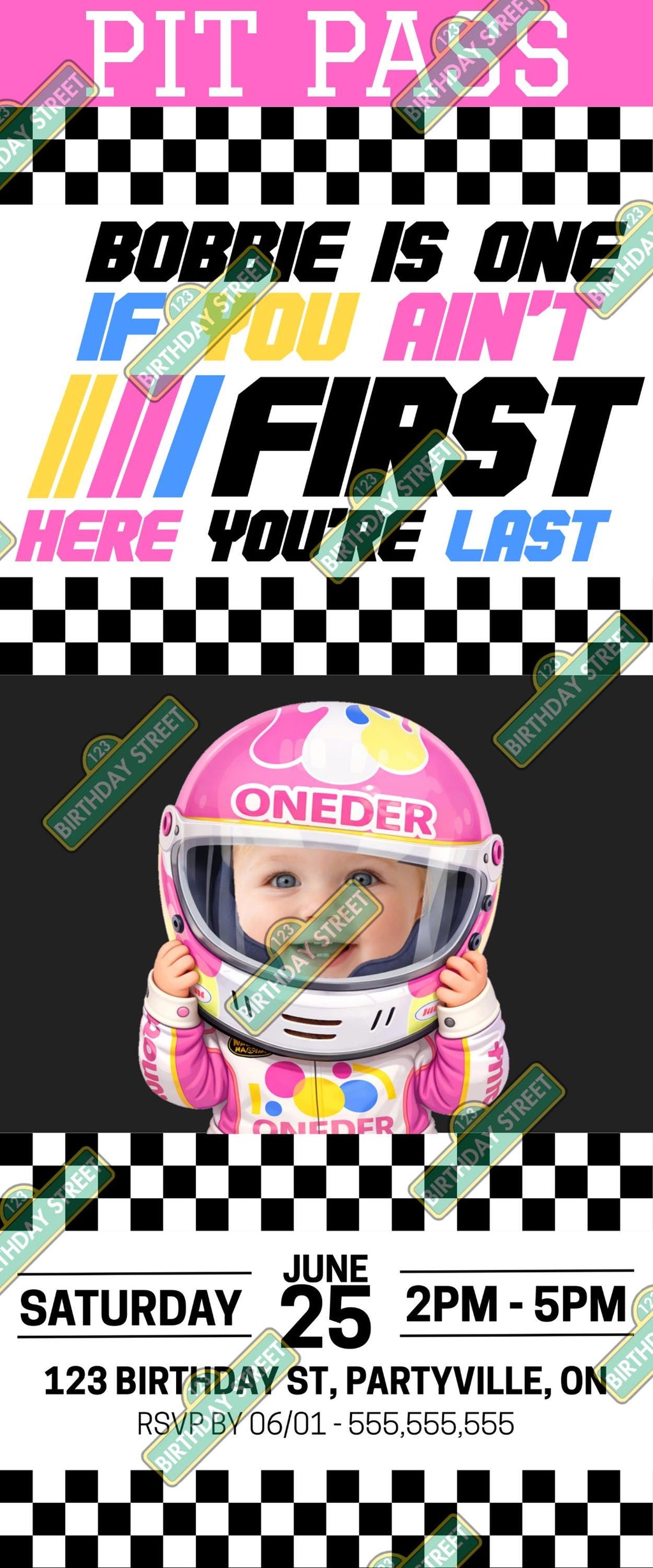 If You Ain't First Your Last Custom Girl Birthday Invite - Pit Pass - First Birthday Invitation - 1st Birthday Invite - Digital - Printable