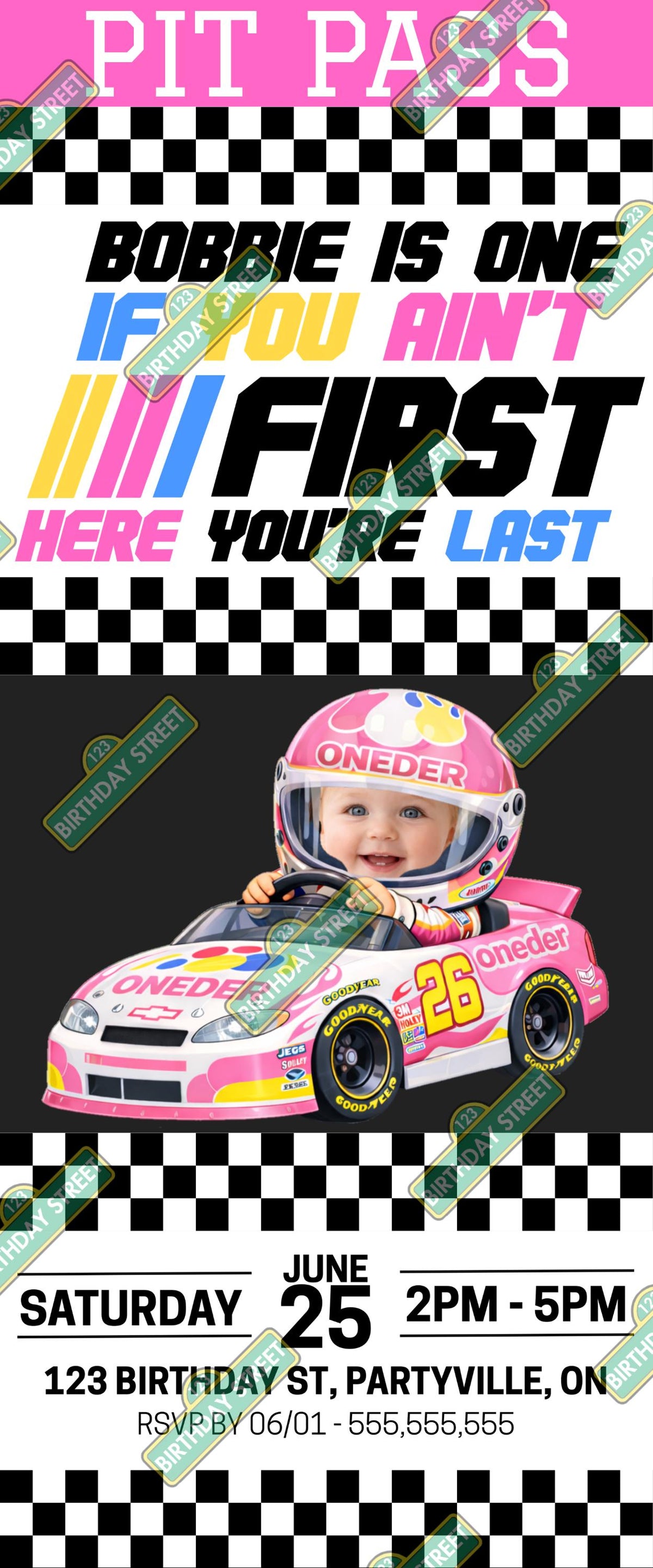 If You Ain't First Your Last Custom Girl Birthday Invite - Pit Pass - First Birthday Invitation - 1st Birthday Invite - Digital - Printable