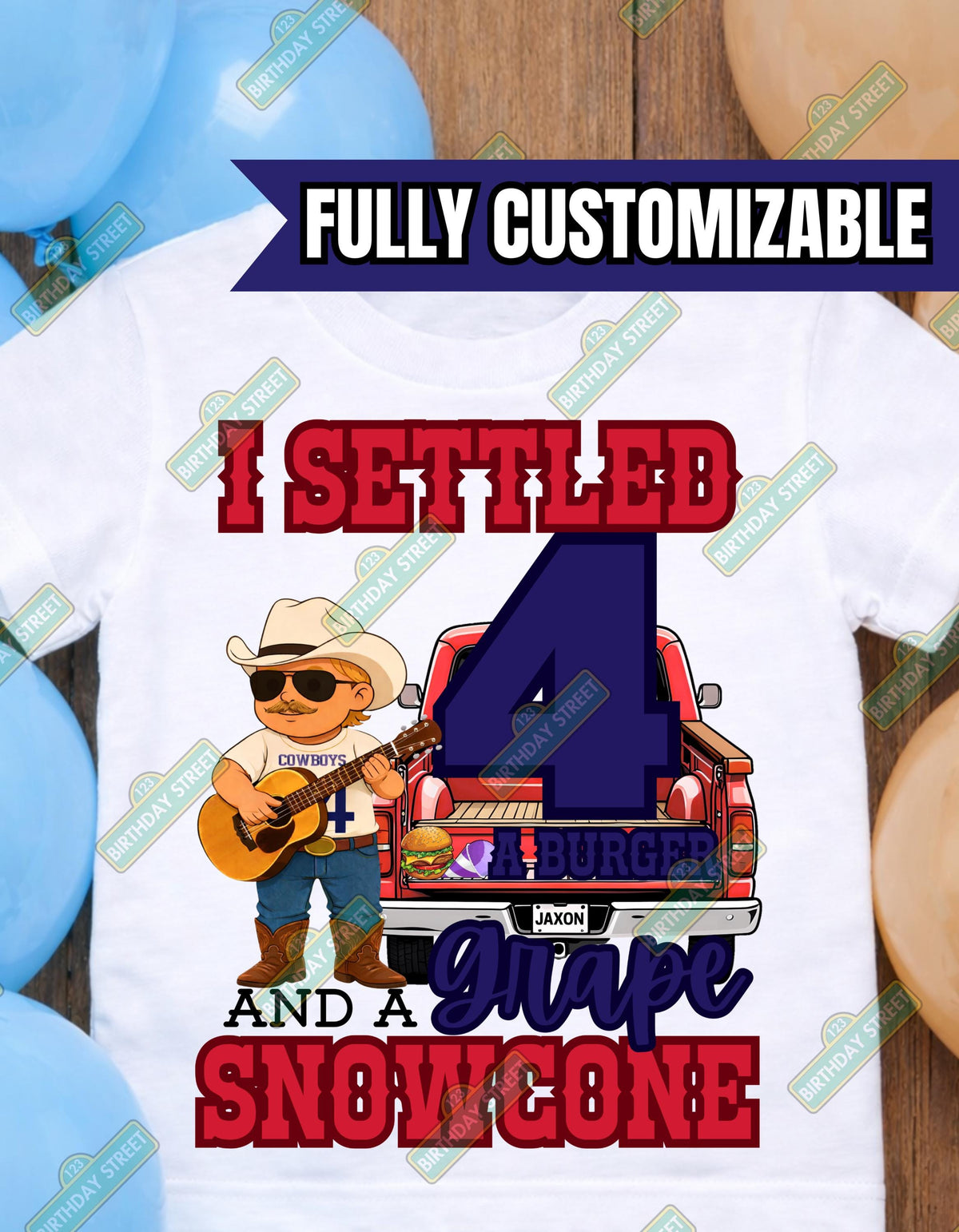 Settled for a Burger & Grape Snowcone 4th Birthday Shirt – Chattahoochee Inspired Birthday Tee – Custom Name Age 4 Birthday Shirt