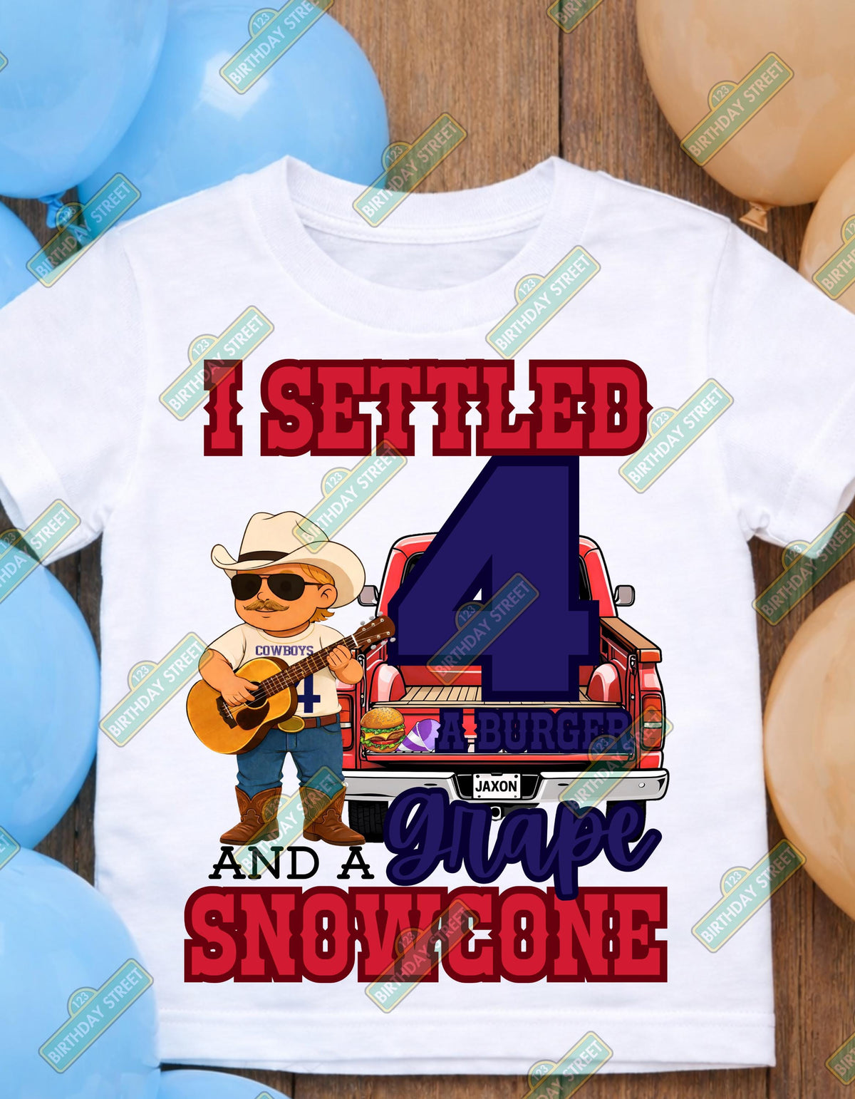 Settled for a Burger & Grape Snowcone 4th Birthday Shirt – Chattahoochee Inspired Birthday Tee – Custom Name Age 4 Birthday Shirt