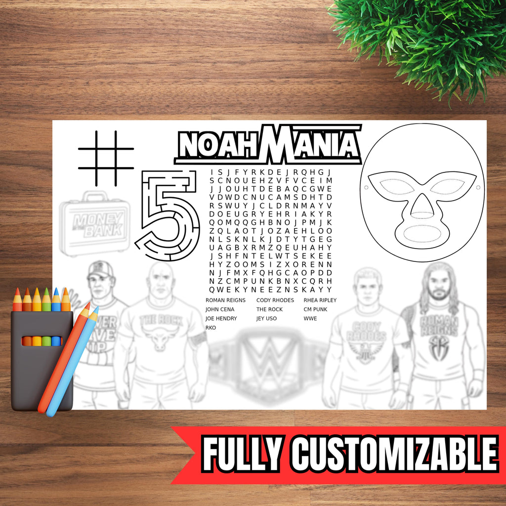 Custom Wrestling Coloring Placemat – Kids Wrestling Party Activity Placemat – Personalized Names Coloring Page – Digital Download