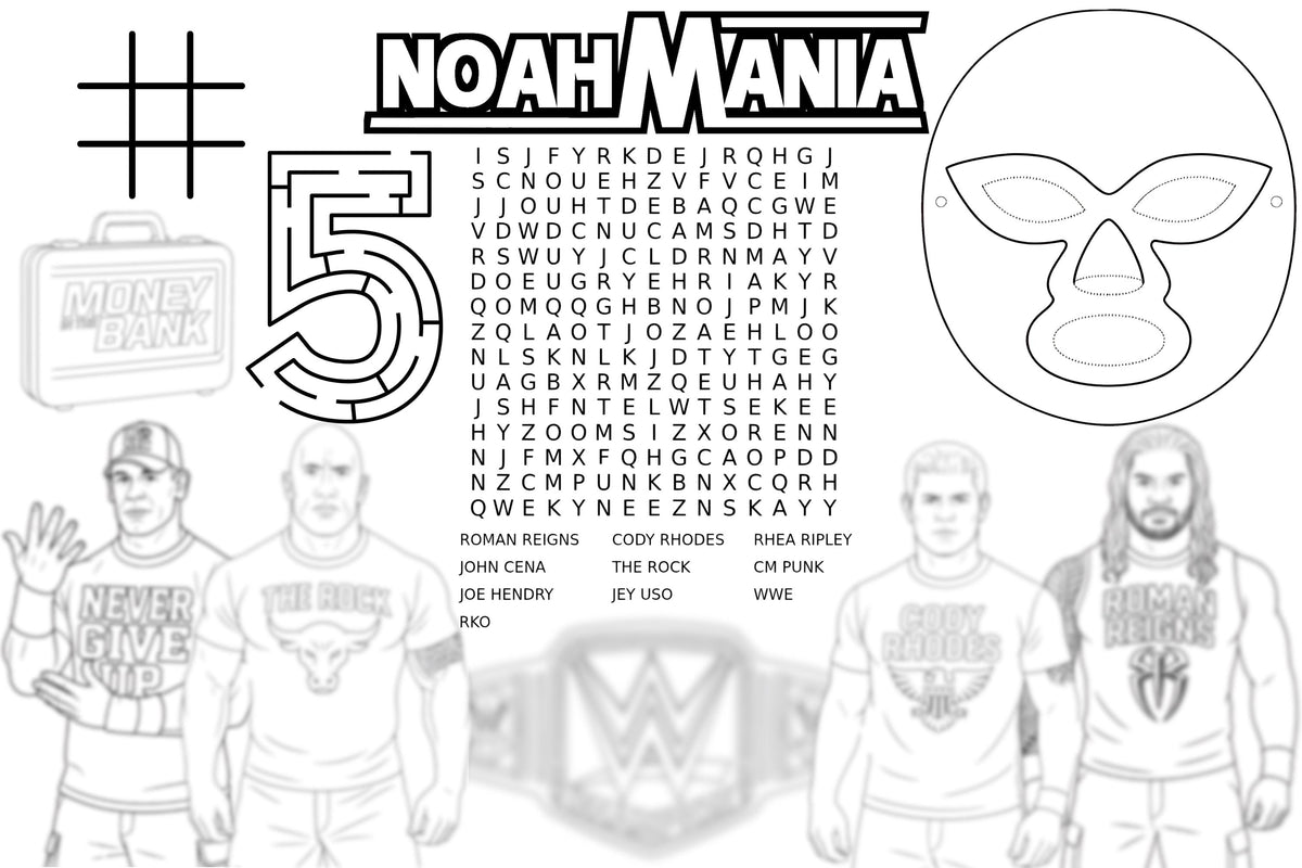 Custom Wrestling Coloring Placemat – Kids Wrestling Party Activity Placemat – Personalized Names Coloring Page – Digital Download