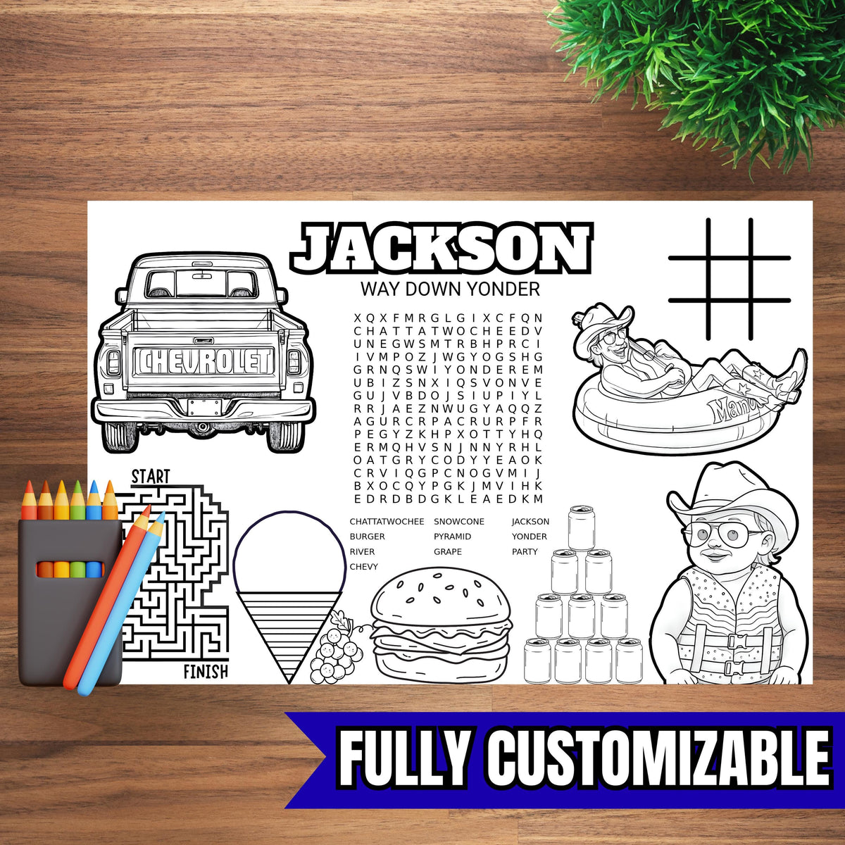 Custom CHATTATWOCHEE Activity Placemats - Color, Maze, Word Search - 2nd Birthday -Up to 10 Names - Digital File