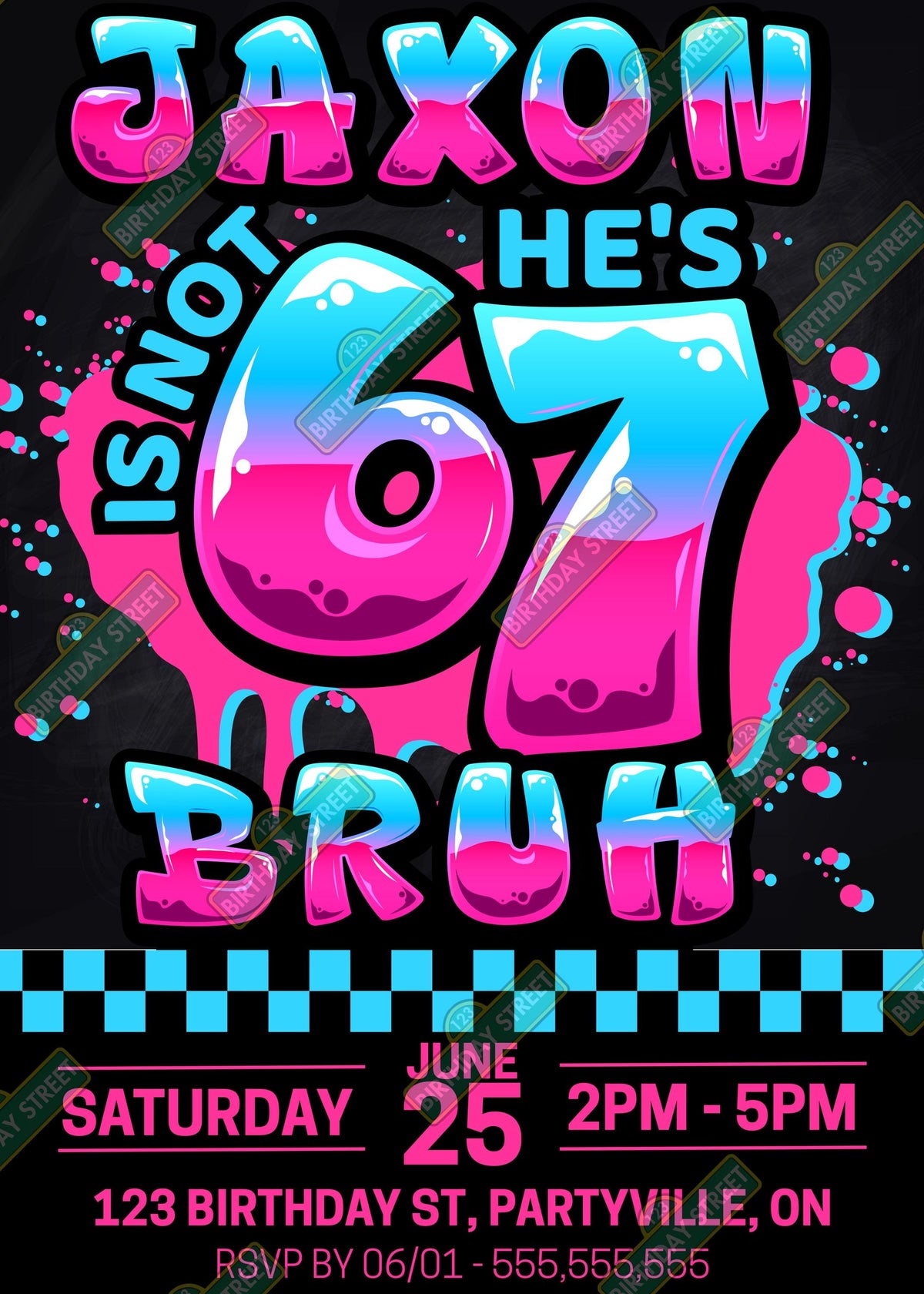 He’s Not 6 He’s 7 / She’s Not 6 She’s 7 Birthday Invitation, Funny 7th Birthday Invite, Viral Trend Kids Party, Neon Graffiti Custom Invite