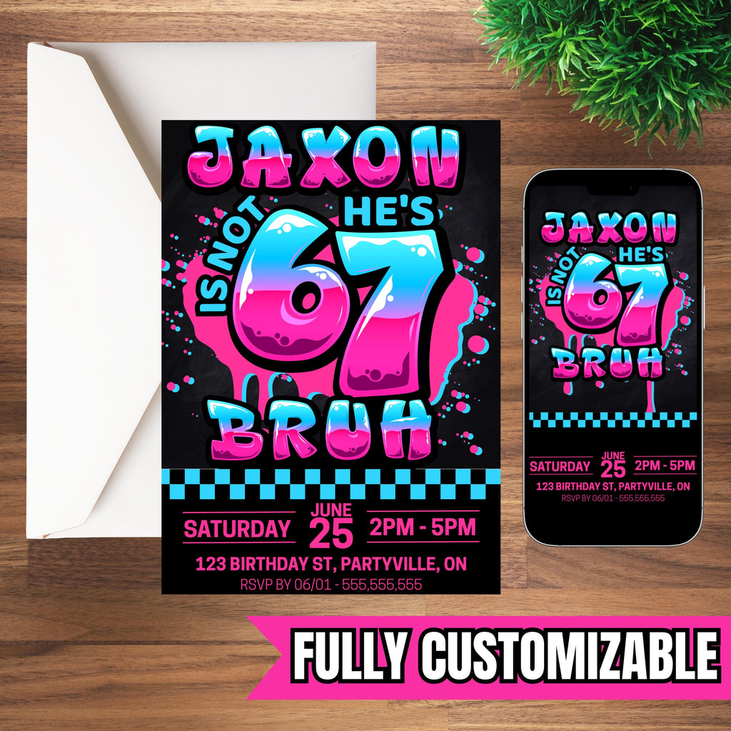He’s Not 6 He’s 7 / She’s Not 6 She’s 7 Birthday Invitation, Funny 7th Birthday Invite, Viral Trend Kids Party, Neon Graffiti Custom Invite