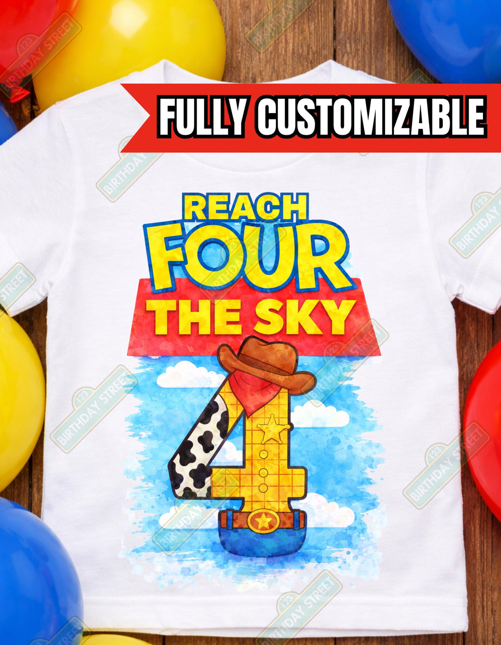 Reach FOUR the Sky Custom Birthday Tee - 4th Birthday Shirt - Custom Name Shirt - Cowboy Birthday Shirt - Sheriff Birthday Shirt