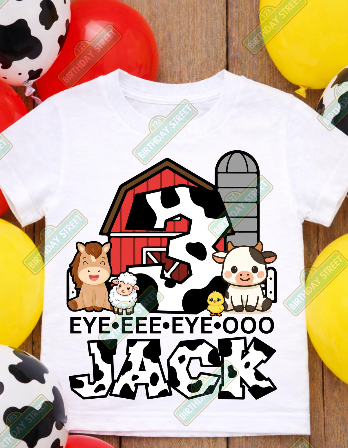 Custom Farm Third Birthday Tee - Three • Eye • Eee • Eye • Ooo - 3rd Birthday Shirt - Animal Birthday Shirt - Custom Name Shirt - Cow Shirt