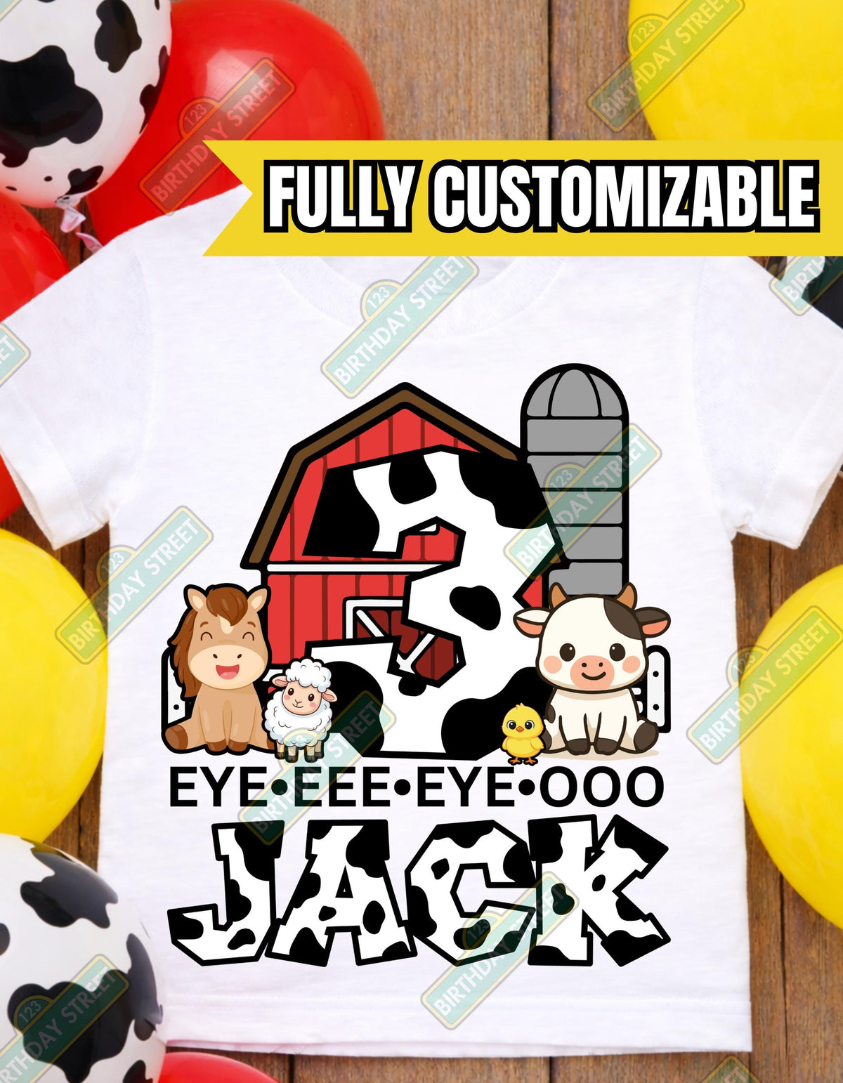 Custom Farm Third Birthday Tee - Three • Eye • Eee • Eye • Ooo - 3rd Birthday Shirt - Animal Birthday Shirt - Custom Name Shirt - Cow Shirt