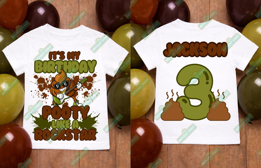 Funny Birthday Shirt Any Age, Pooty Like a Rockstar Shirt, Poop Emoji Birthday Tee, Custom Name Age Shirt, Kids Birthday Outfit, Front Back