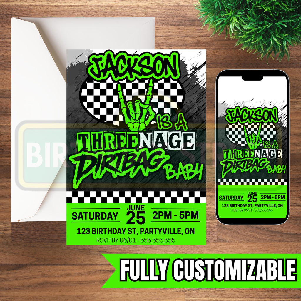 Threenage Dirtbag Birthday Invitation, Punk Rock 3rd Birthday Invite, Edgy Toddler Birthday, Rock Theme Party Invite, Custom Kids Birthday I