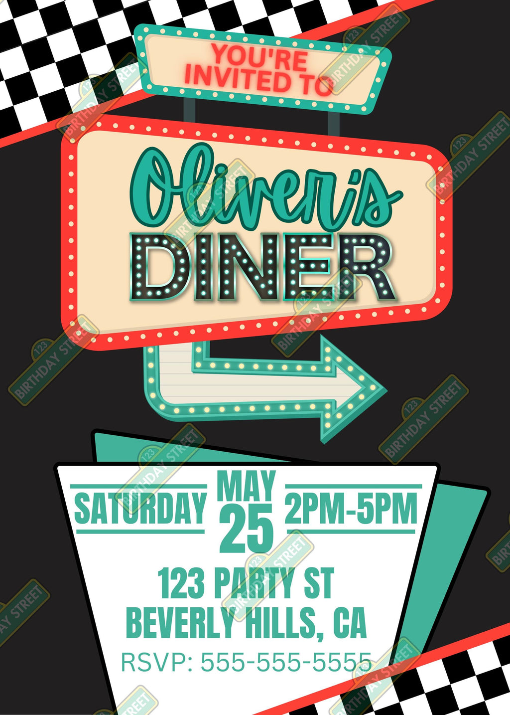 50s Diner Birthday Invitation, Retro Party Invite, Personalized Diner Birthday Invite, Rockabilly Birthday, Custom Name Party Invitation, An