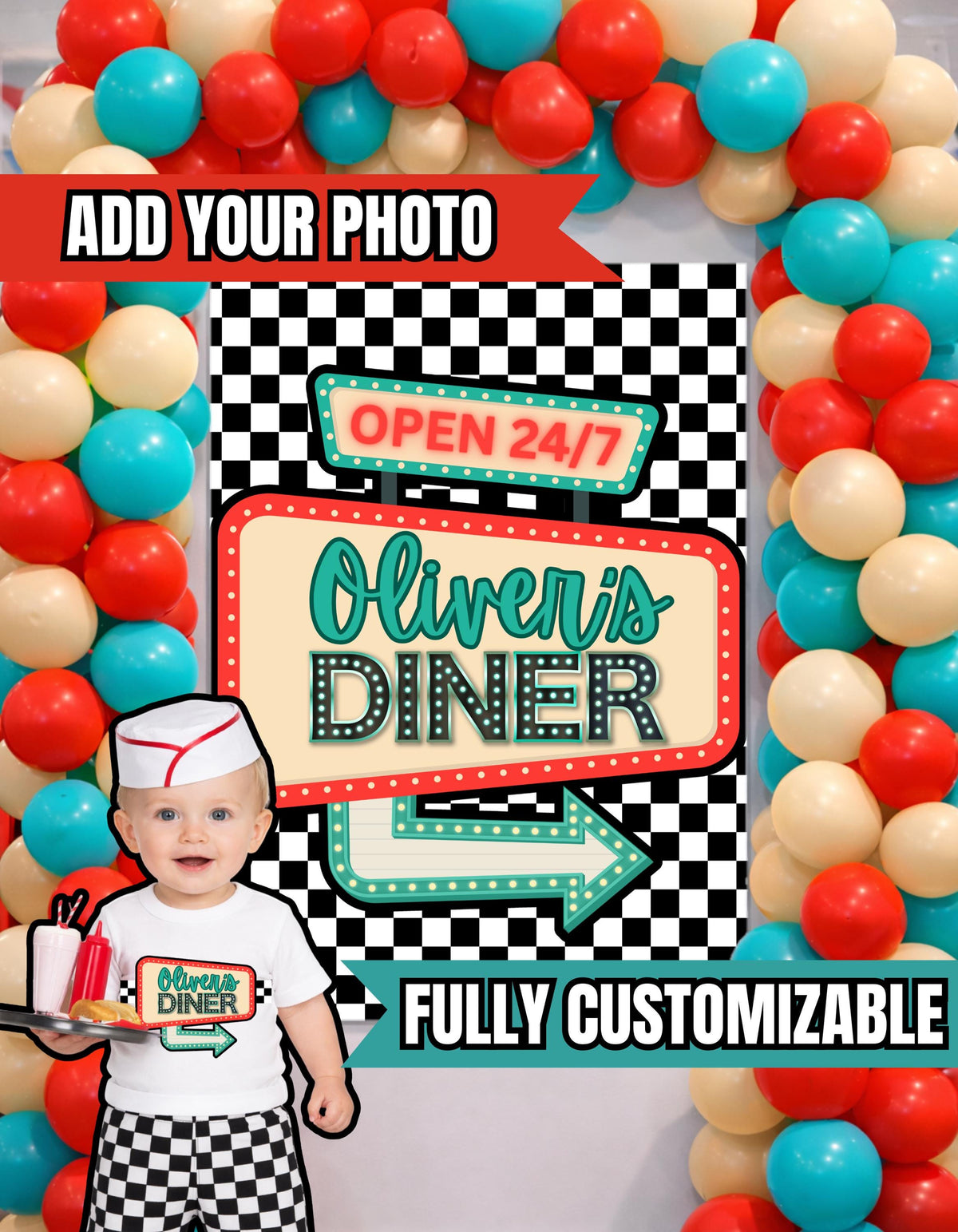 50s Diner Birthday Poster Bundle, Retro Party Poster Set, Custom Name Poster + Photo Poster, Rockabilly Birthday Decor- Digital