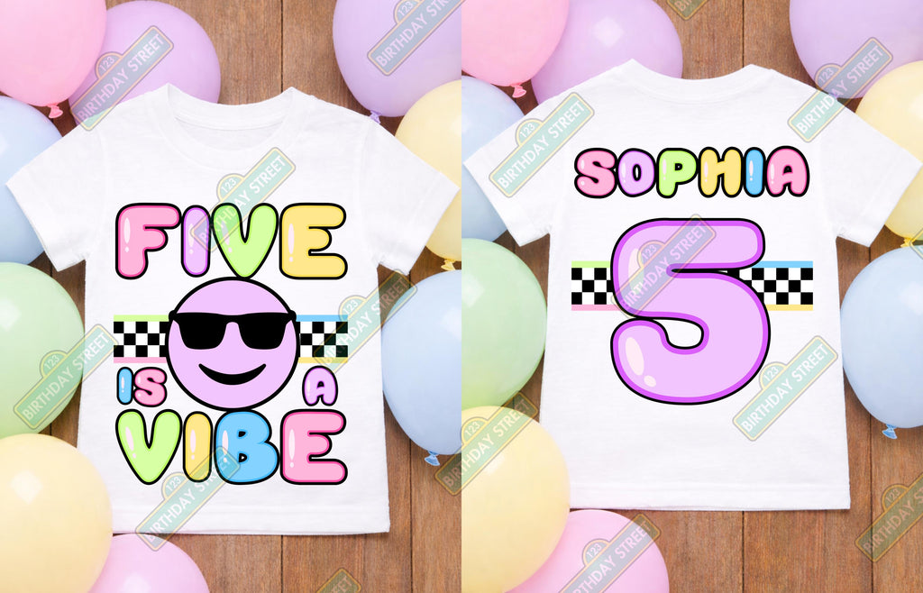 Five Is A Vibe Birthday Shirt, Custom Name 5th Birthday Tee, Boy Girl Birthday Shirt, Kids Fifth Birthday Outfit, Personalized Front Back Te