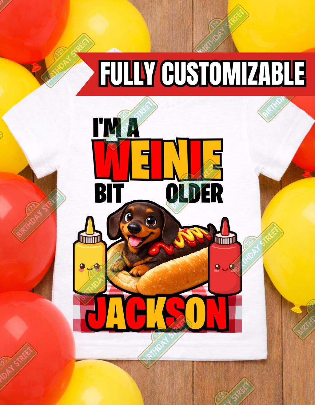 Custom Weinie Bit Older Birthday Shirt, Funny Hot Dog Dog Birthday Tee, Dachshund Birthday Shirt, Any Name Kids Birthday Shirt