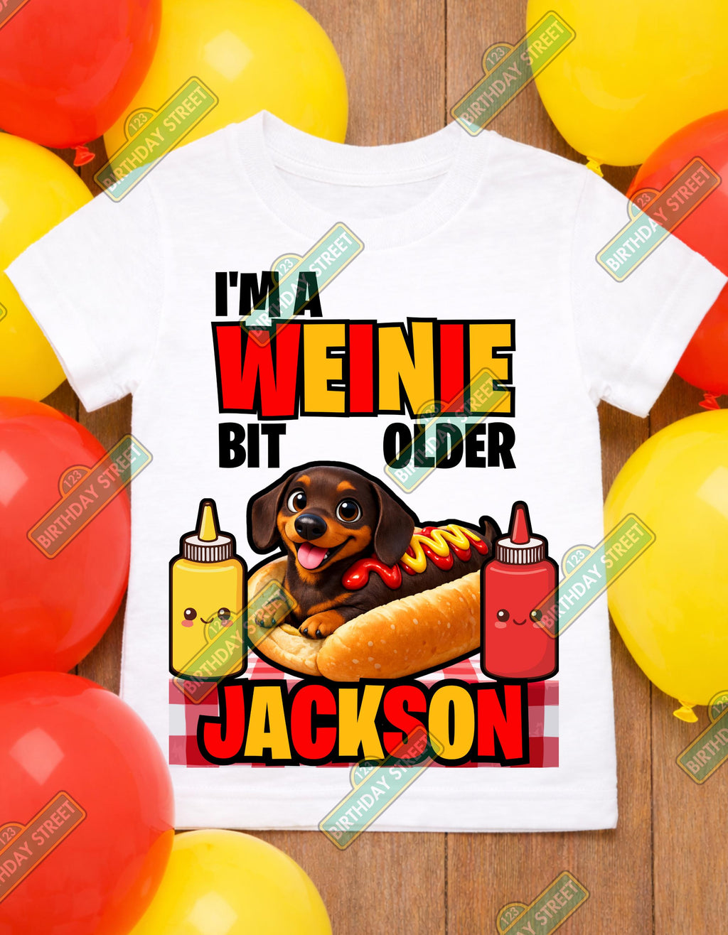 Custom Weinie Bit Older Birthday Shirt, Funny Hot Dog Dog Birthday Tee, Dachshund Birthday Shirt, Any Name Kids Birthday Shirt