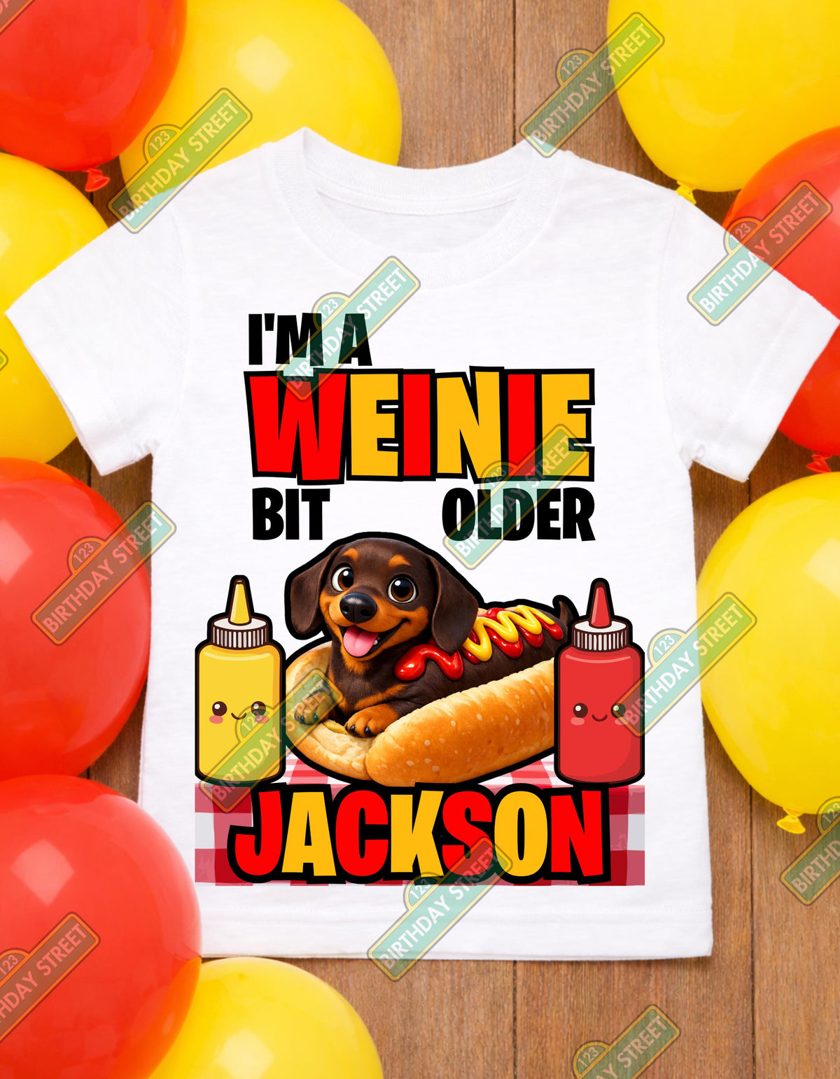 Custom Weinie Bit Older Birthday Shirt, Funny Hot Dog Dog Birthday Tee, Dachshund Birthday Shirt, Any Name Kids Birthday Shirt