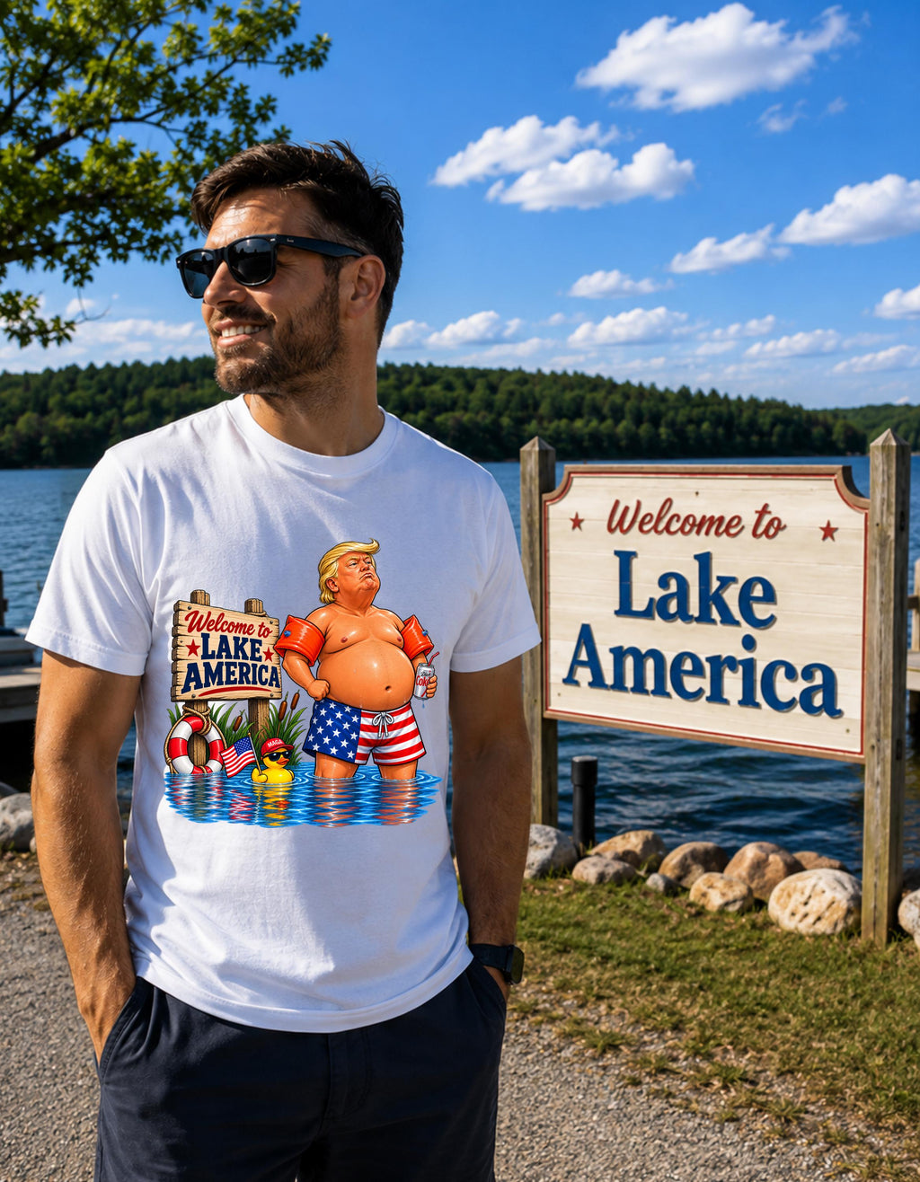 Lake America Political Satire Shirt - Funny USA Lake Vacation Tee - Presidential Parody Graphic T-Shirt - Summer Humor Novelty Gift - Trump